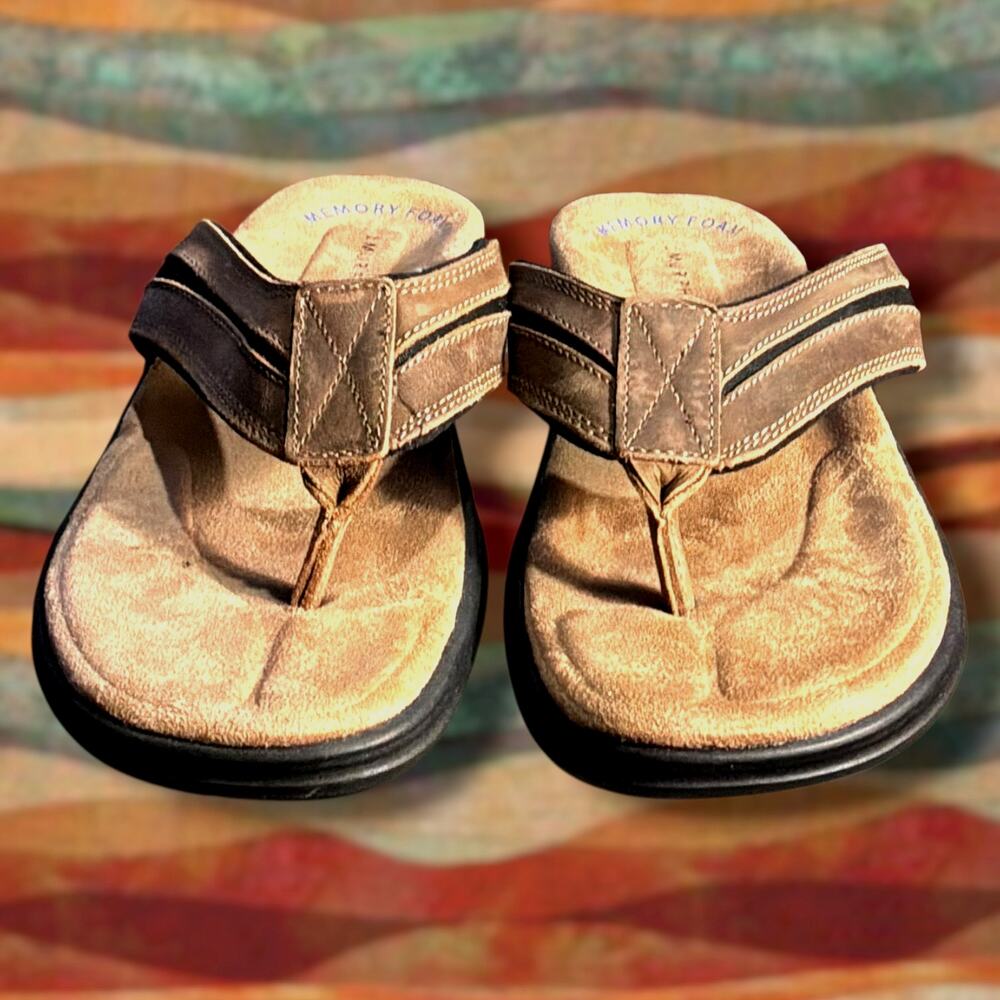 Men's J. MURPHY Brown Leather Memory Foam Flip Flop Sandals Like New